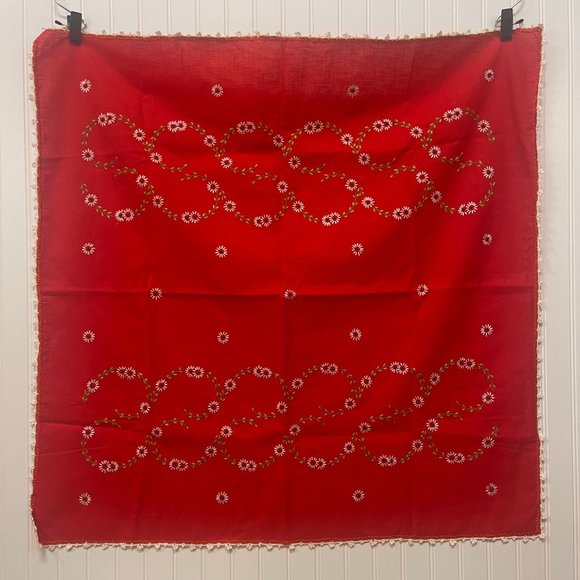 Vintage Woolen Hand Embroidered Red Floral Table Cloth Square 36" X 34.5" - Picture 1 of 6
